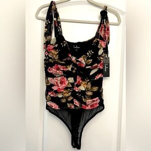 NWT LULUS BLACK FLORAL PRINT MESH KNOTTED TIE STRAP